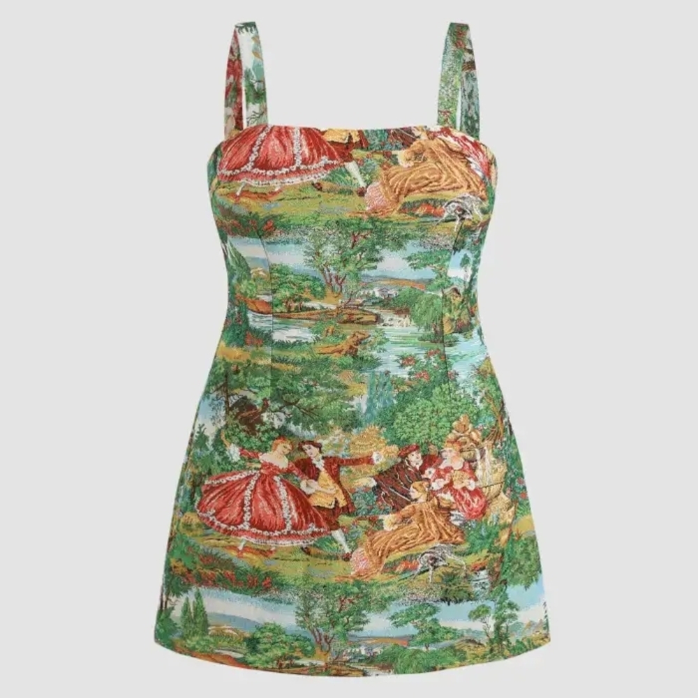 Cider Green and Red Scenic Print Mini Dress